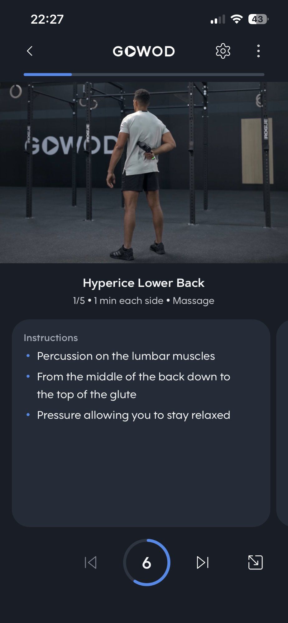 A GOWOD exercise screen showing Hyperice Lower Back massage instructions with video, timer at 6 seconds, and text-only guidance with no voice