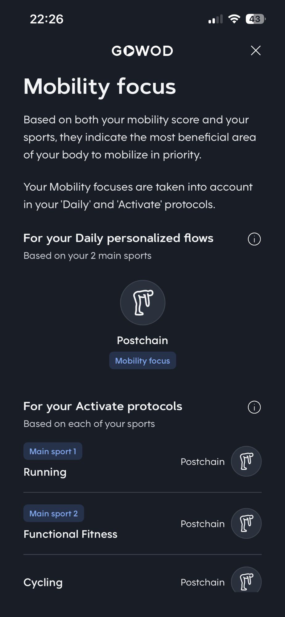 My GOWOD Mobility Focus screen showing Postchain as my priority area, with my sports set to Running, Functional Fitness, and Cycling