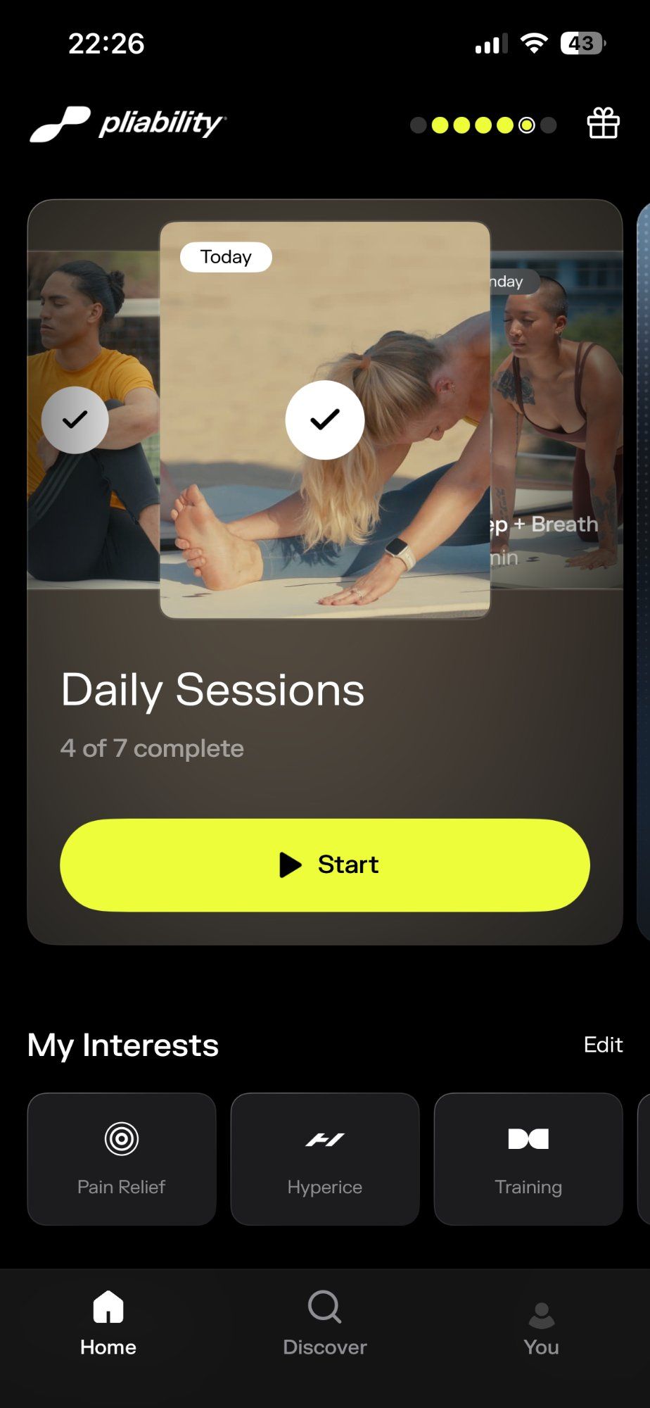 My Pliability home screen showing Daily Sessions with 4 of 7 complete this week, plus my interests: Pain Relief, Hyperice, and Training
